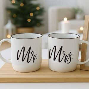 GIFFFTED ‘’Mr. & Mrs.” Mug Set – White & Gold Rim – Wedding / Engagemen